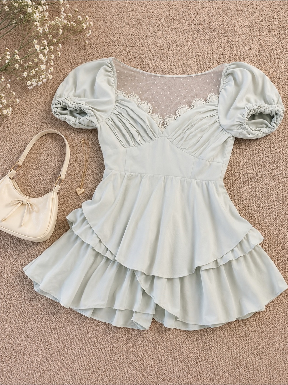 ZESICA Romper Medium Sage Green Puff Sleeve Lace Cottagecore